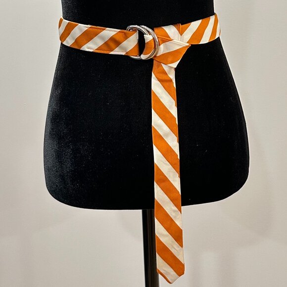 J Crew Women's Orange White Striped Silk D-Ring Buckle Belt Size Medium / Large - Picture 1 of 6